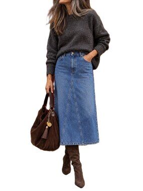 Contemporaine Simons Denim Midi Skirt Blue Column Front Panel Size 10